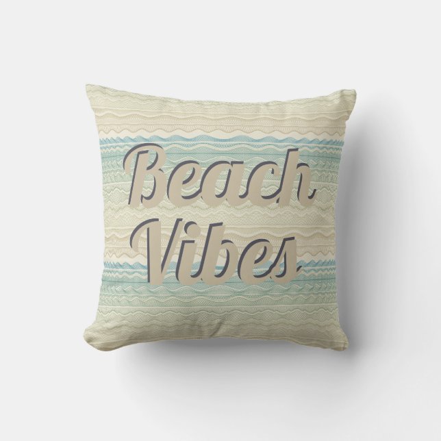 Beach Vibes Beige and Blue Waves Throw Pillow (Front)