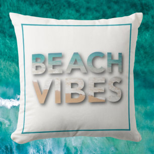 Beach Vibes Blue Waves Typography Throw Pillow