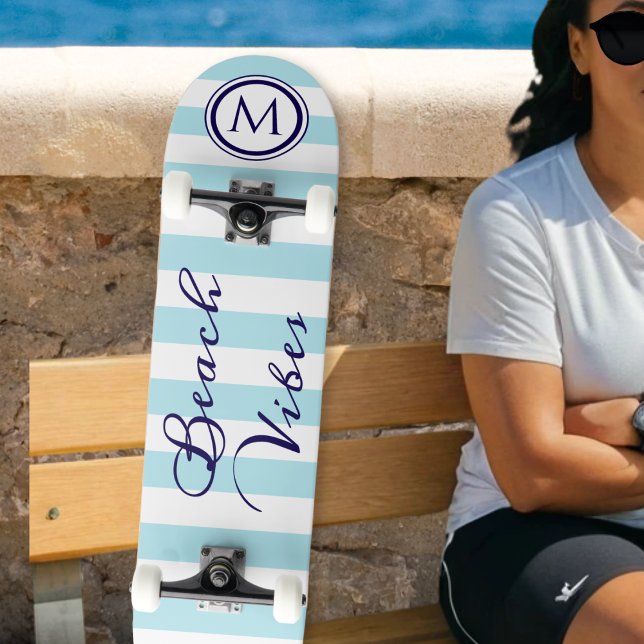 Beach Vibes Blue White Striped Cool Monogram Skateboard (A monogrammed skateboard with nautical blue and white stripes and 'Beach Vibes' in a script font)