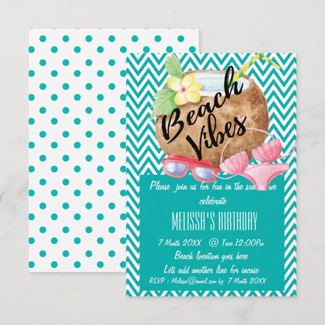 Beach Vibes - Coconut and Bikini Party Invite (Front/Back)