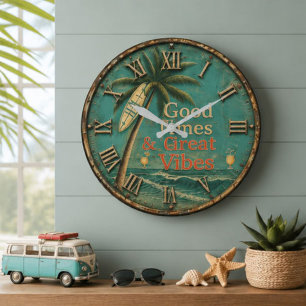 Beach Vibes Good Times Great Vibes Tropical  Large Clock