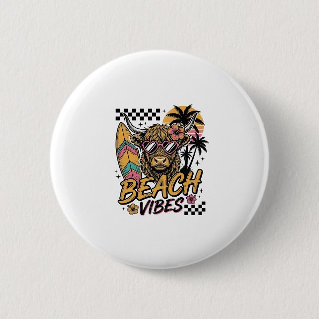 Beach Vibes Highland Cow Summer Vector Art_1 2 Inch Round Button (Front)