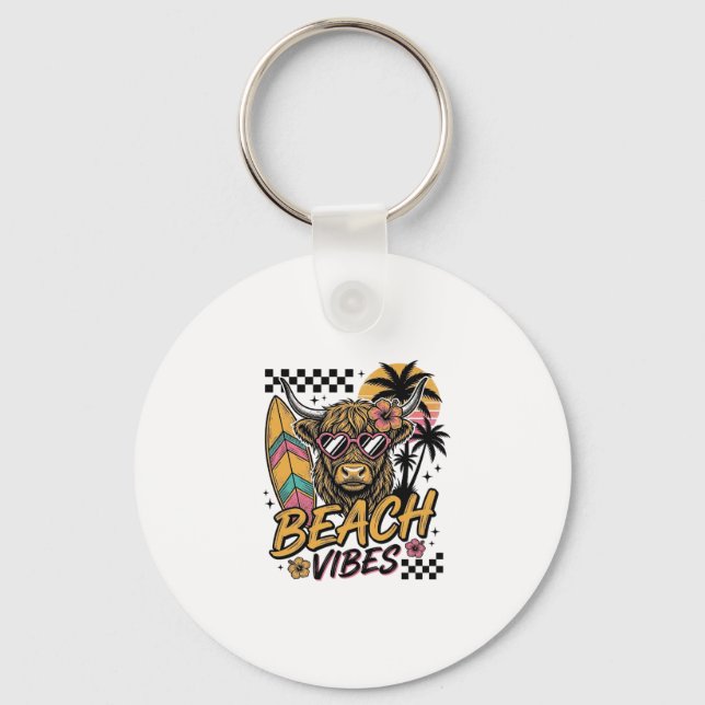 Beach Vibes Highland Cow Summer Vector Art_1 Keychain (Front)