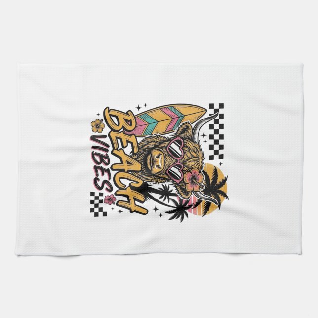 Beach Vibes Highland Cow Summer Vector Art_1 Kitchen Towel (Horizontal)