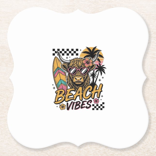 Beach Vibes Highland Cow Summer Vector Art_1 Paper Coaster (Front)