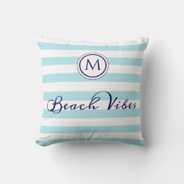 Beach Vibes Monogram Striped Light Blue White Throw Pillow