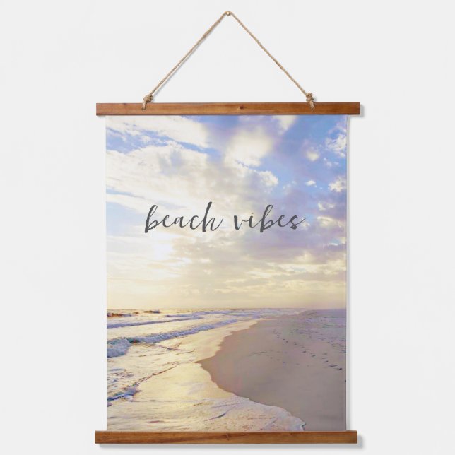 Beach Vibes Ocean Waves Sunset Wood Scroll Banner  Hanging Tapestry (Front)