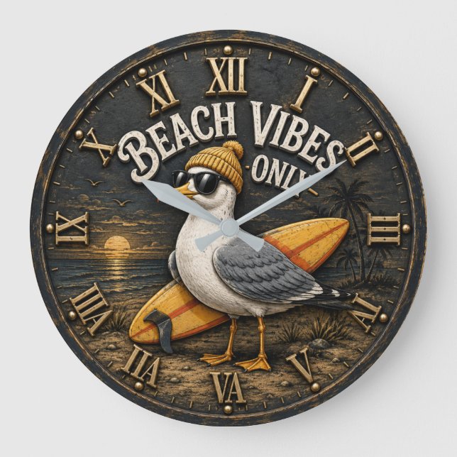 Beach Vibes Only Seagull Coastal Surf Decor Large Clock (Front)