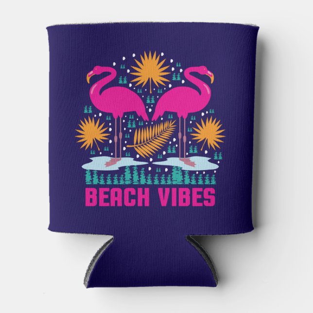 Beach Vibes Pink Flamingos Design Can Cooler (Front)