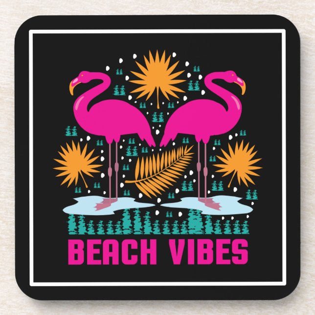 Beach Vibes Pink Flamingos Design Coaster (Front)