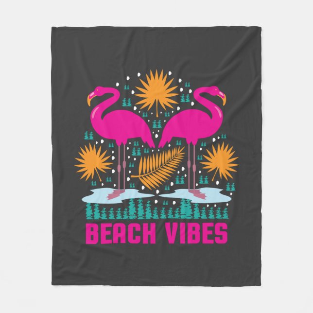 Beach Vibes Pink Flamingos Design Fleece Blanket (Front)