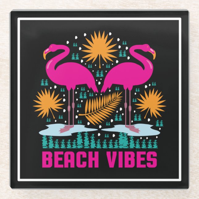 Beach Vibes Pink Flamingos Design Glass Coaster (Front)