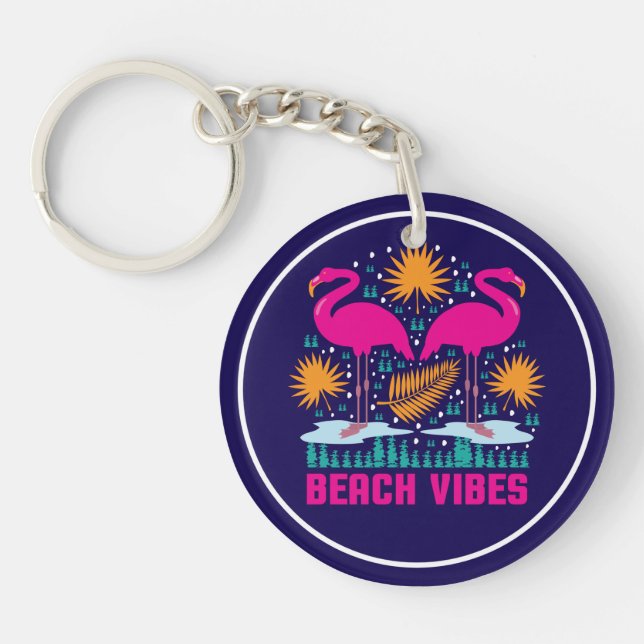Beach Vibes Pink Flamingos Design Keychain (Front)