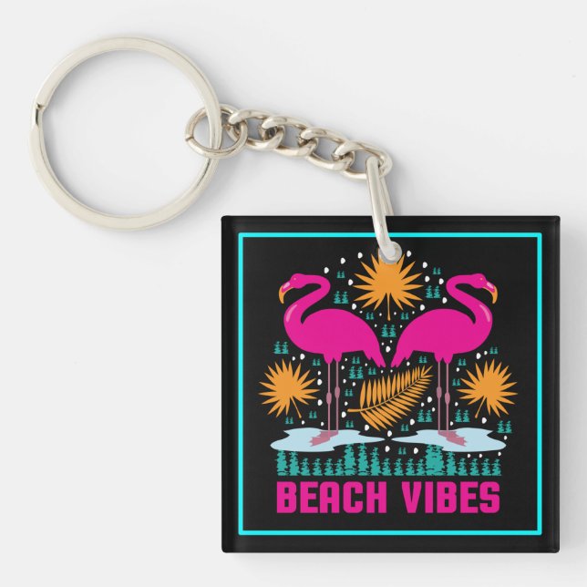 Beach Vibes Pink Flamingos Design Keychain (Front)
