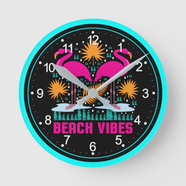 Beach Vibes Pink Flamingos Design Round Clock (Front)
