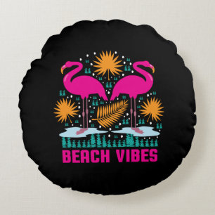 Beach Vibes Pink Flamingos Design Round Pillow