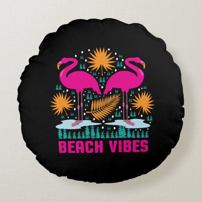 Beach Vibes Pink Flamingos Design Round Pillow (Front)