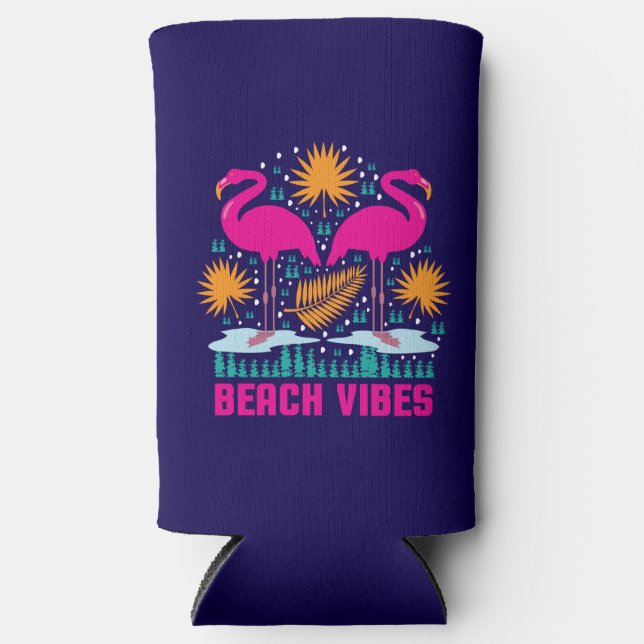 Beach Vibes Pink Flamingos Design Seltzer Can Cooler (Front)