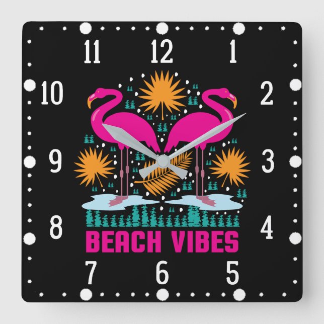 Beach Vibes Pink Flamingos Design Square Wall Clock (Front)