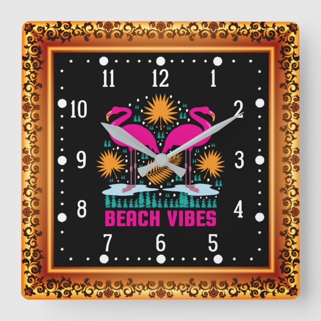 Beach Vibes Pink Flamingos Design Square Wall Clock (Front)