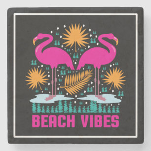 Beach Vibes Pink Flamingos Design Stone Coaster