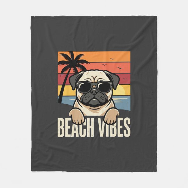 Beach Vibes Pug Dog Sunset Fleece Blanket (Front)