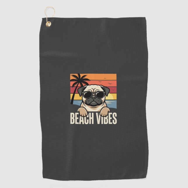 Beach Vibes Pug Dog Sunset Golf Towel (Front)