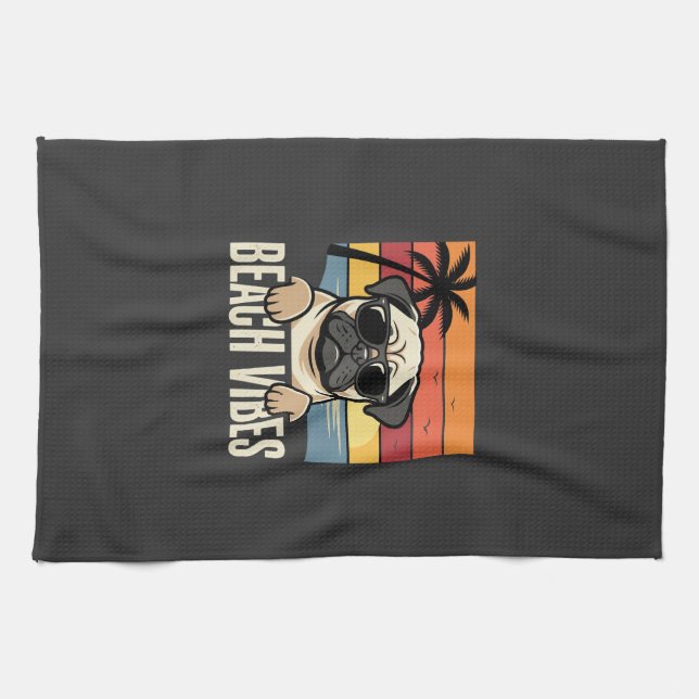 Beach Vibes Pug Dog Sunset Kitchen Towel (Horizontal)