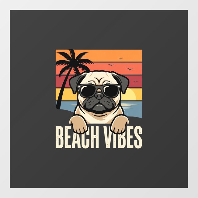 Beach Vibes Pug Dog Sunset Window Cling (Sheet)