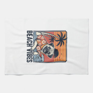 Beach Vibes Pug Vintage Engraving Design_1 Kitchen Towel
