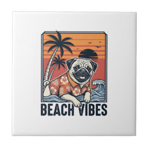 Beach Vibes Pug Vintage Engraving Design_1 Tile