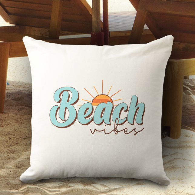 Beach Vibes Retro Summer Sun Throw Pillow (Creator Uploaded)