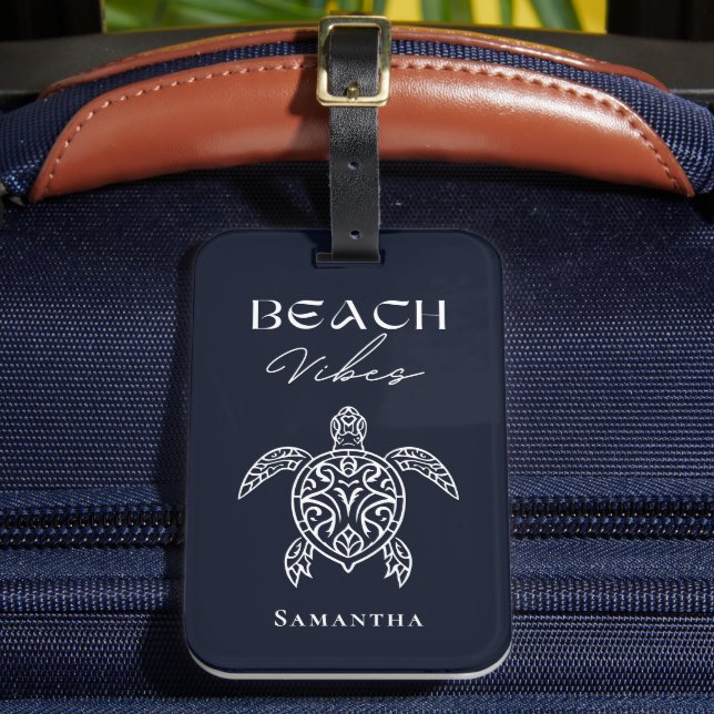 Beach Vibes Sea Turtle Personalized Navy Luggage Tag (Front Insitu 2)
