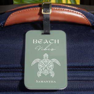 Beach Vibes Sea Turtle Personalized Sage Green Luggage Tag