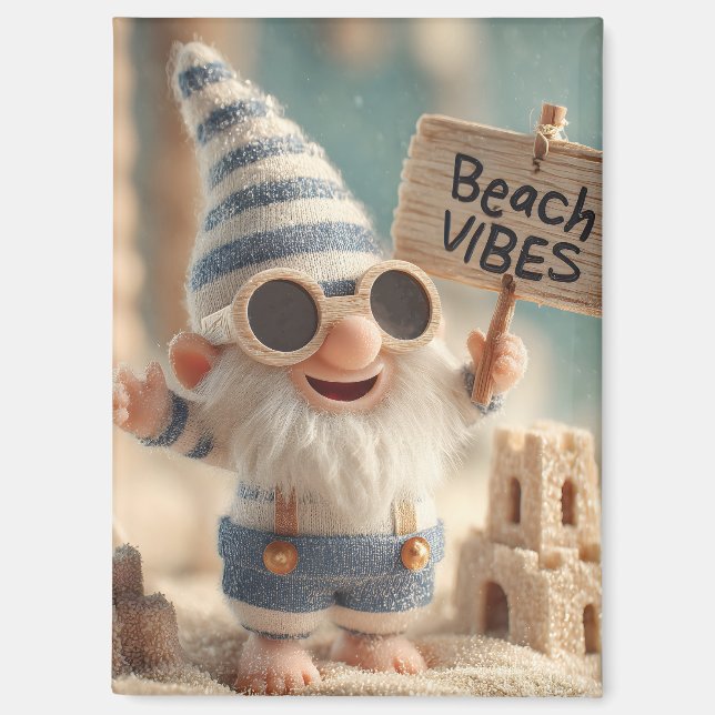 "Beach Vibes" Summer Garden Gnome Magnet (Front)