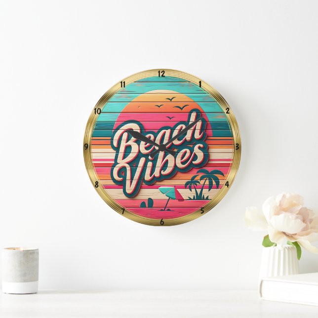 Beach Vibes Sunset Tropical Horizon Large Clock (Home)