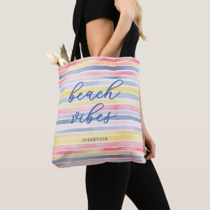 Beach Vibes Watercolor Pastel Stripe Personalized Tote Bag