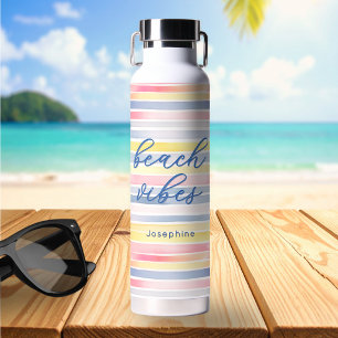 Beach Vibes Watercolor Pastel Stripe Personalized Water Bottle