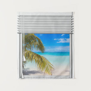 Beach View Artificial Window With Blinds Tapestry