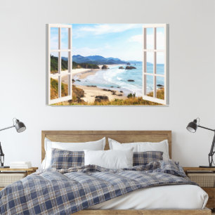 Beach View Fake Window Home Office Canvas Print