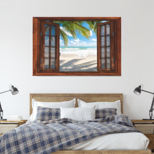 Beach View Fake Window Home Office Canvas Print