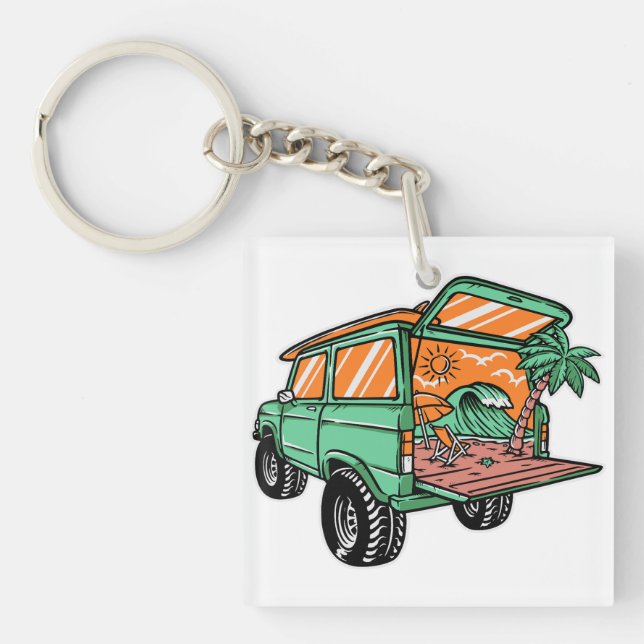Beach View in the Car Illustration summer fun Keychain (Front)