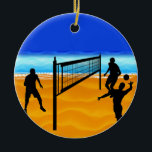 Beach Volleyball Ceramic Ornament<br><div class="desc">The sports action and energy of volleyball athletes are captured in silhouettes of action figures demonstrating extreme plays and strategies on the court. Digital paintings and illustrations of these teens, young men and women and pros include backgrounds of bright, vivid colours and splashes and bursts of light to highlight the...</div>