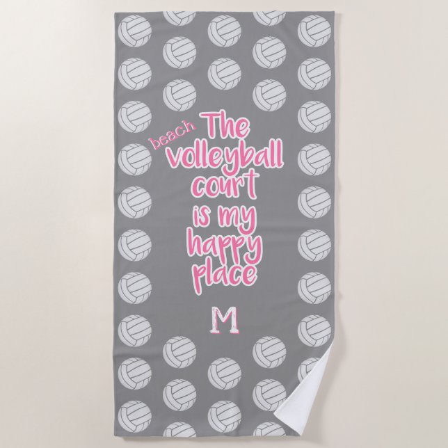 beach volleyball court happy place monogrammed beach towel (Front)