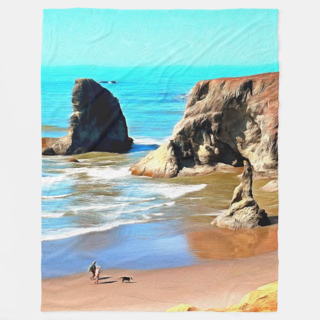 Beach Walk with Dog at Bandon Face Rock Fleece Blanket (Front)