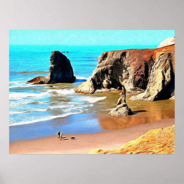Beach Walk with Dog at Face Rock Park in Bandon Poster (Front)