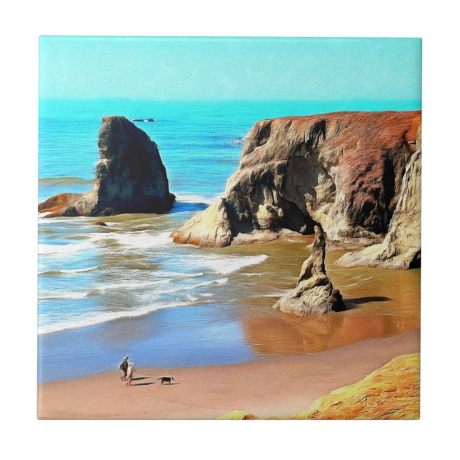 Beach Walk with Dog at Face Rock Park in Bandon Tile (Front)