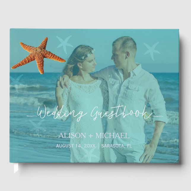 Beach water blue turquoise starfish wedding photo guest book (Front)