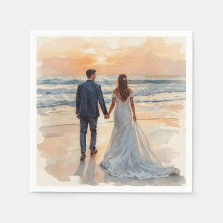 Beach Watercolor Bride & Groom Painted Wedding Napkin