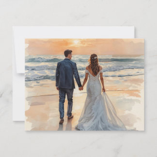 Beach Watercolor Bride & Groom Painted Wedding RSVP Card